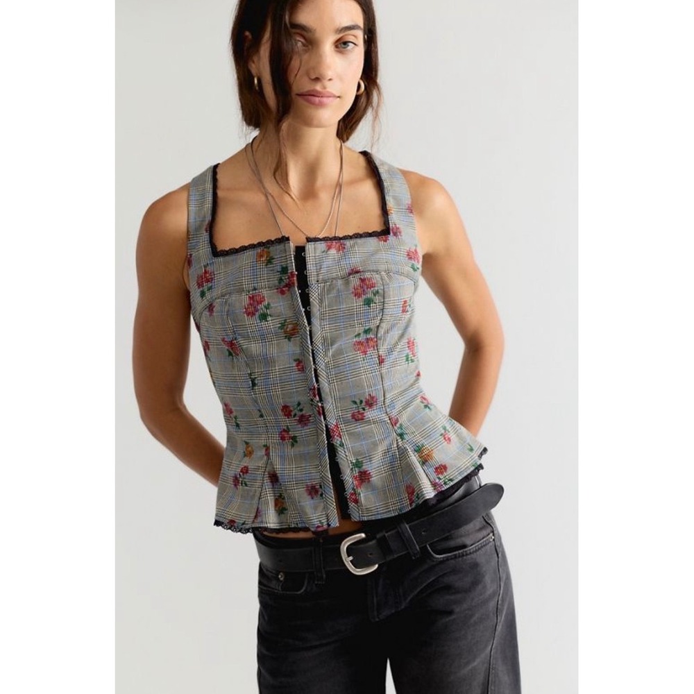Free People Jolie Plaid Corset Floral Lace Trim Hook Eye Peplum Grey multi